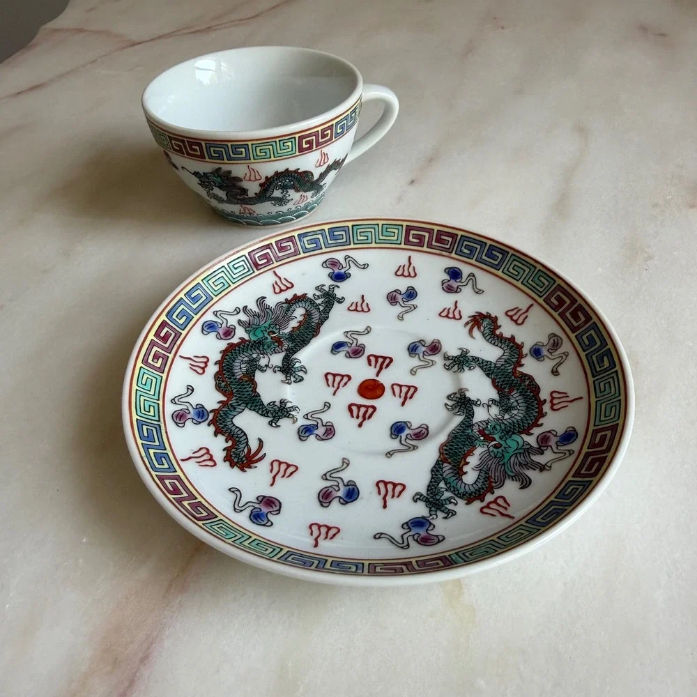 Vintage Chinese Porcelain Dragon Tea Cup and Saucer Set Jingdezhen Made in China